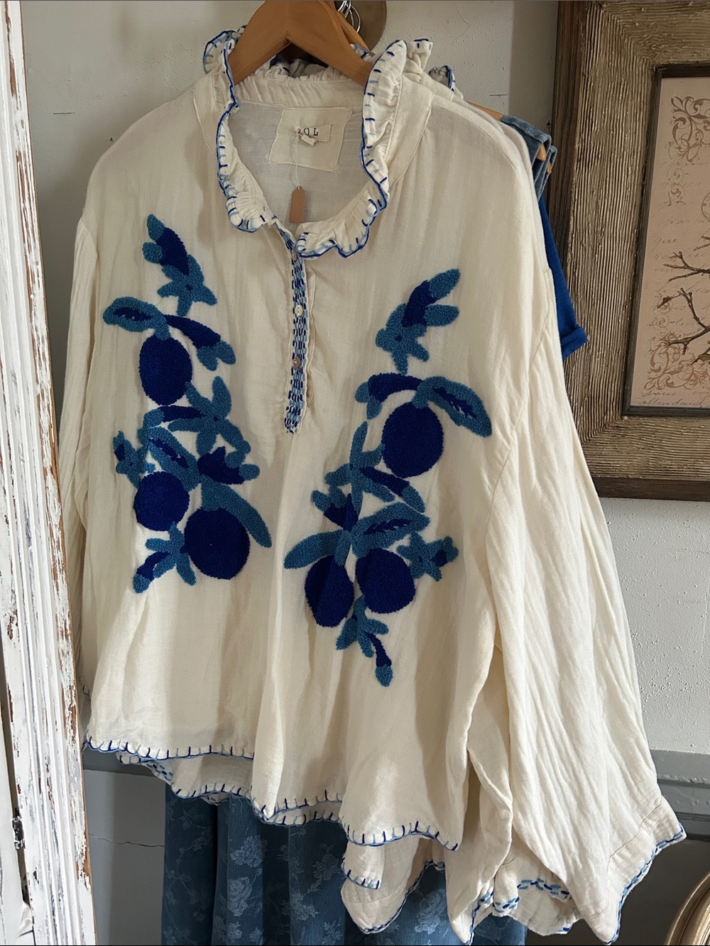 POL Cream Blouse with Blue Floral Chenille Embroidery